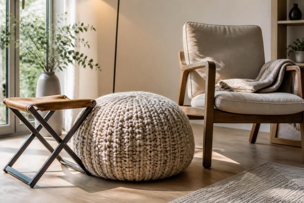 découvrez comment l'ajout d'une assise d'appoint nomade dépend parfaitement du pouf tricoté, alliant confort et design pour un espace modulable.