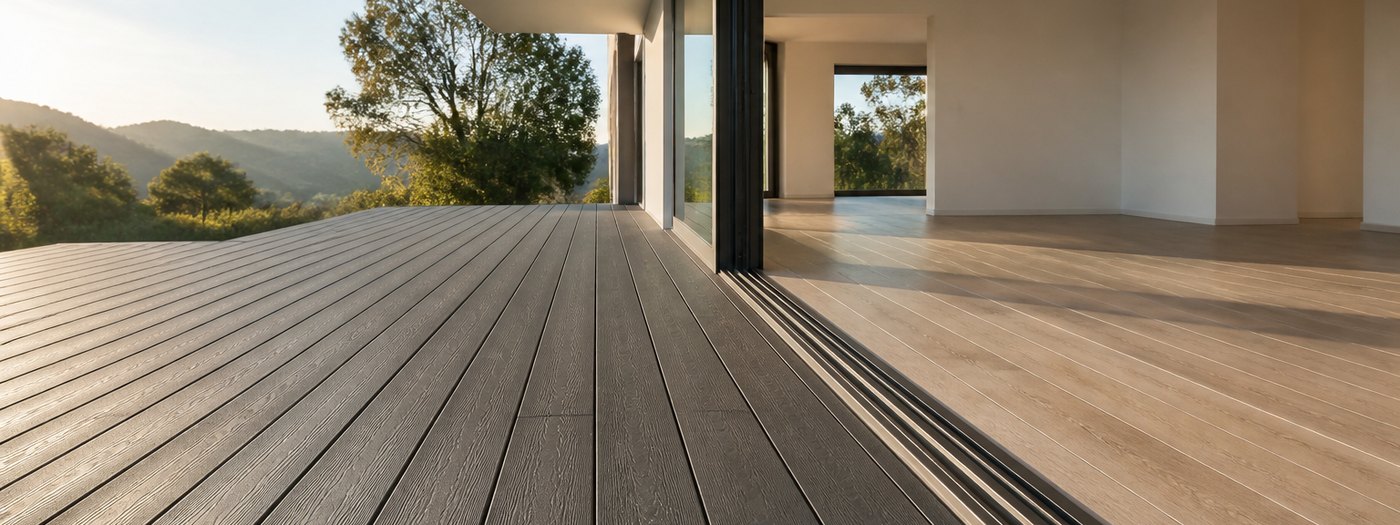 Terrasse en lames composite et sol en carrelage effet bois