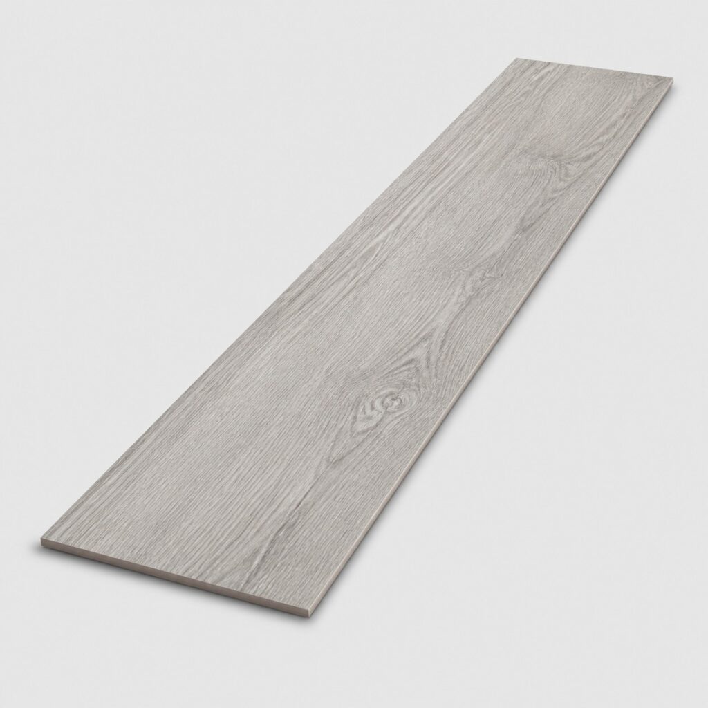 Lames de carrelage effet bois gris 20 x 120 cm a bords rectifies, sur fond clair
