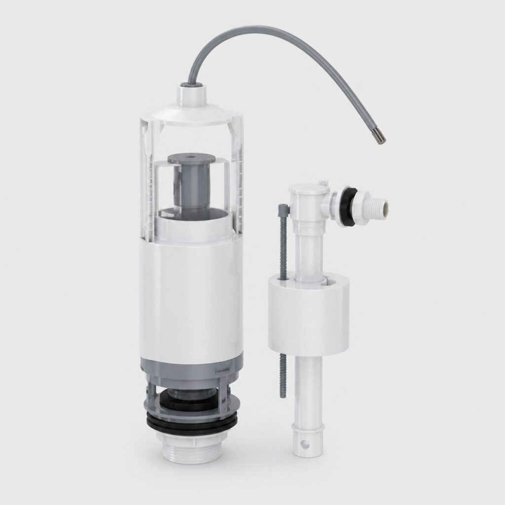 Pack mecanisme de chasse a cable et robinet flotteur sur fond clair