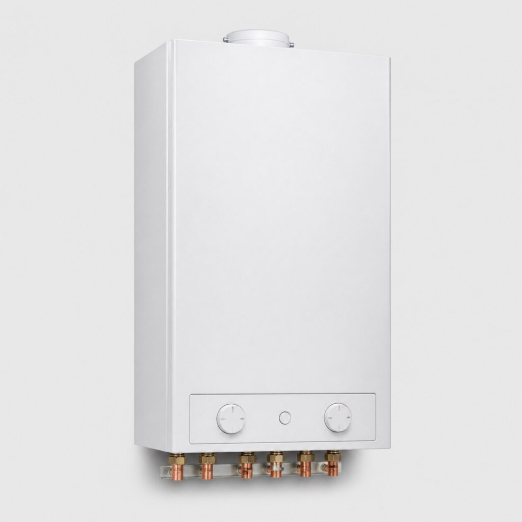 Chaudiere gaz a condensation de 25 kW, caisson blanc sur fond clair