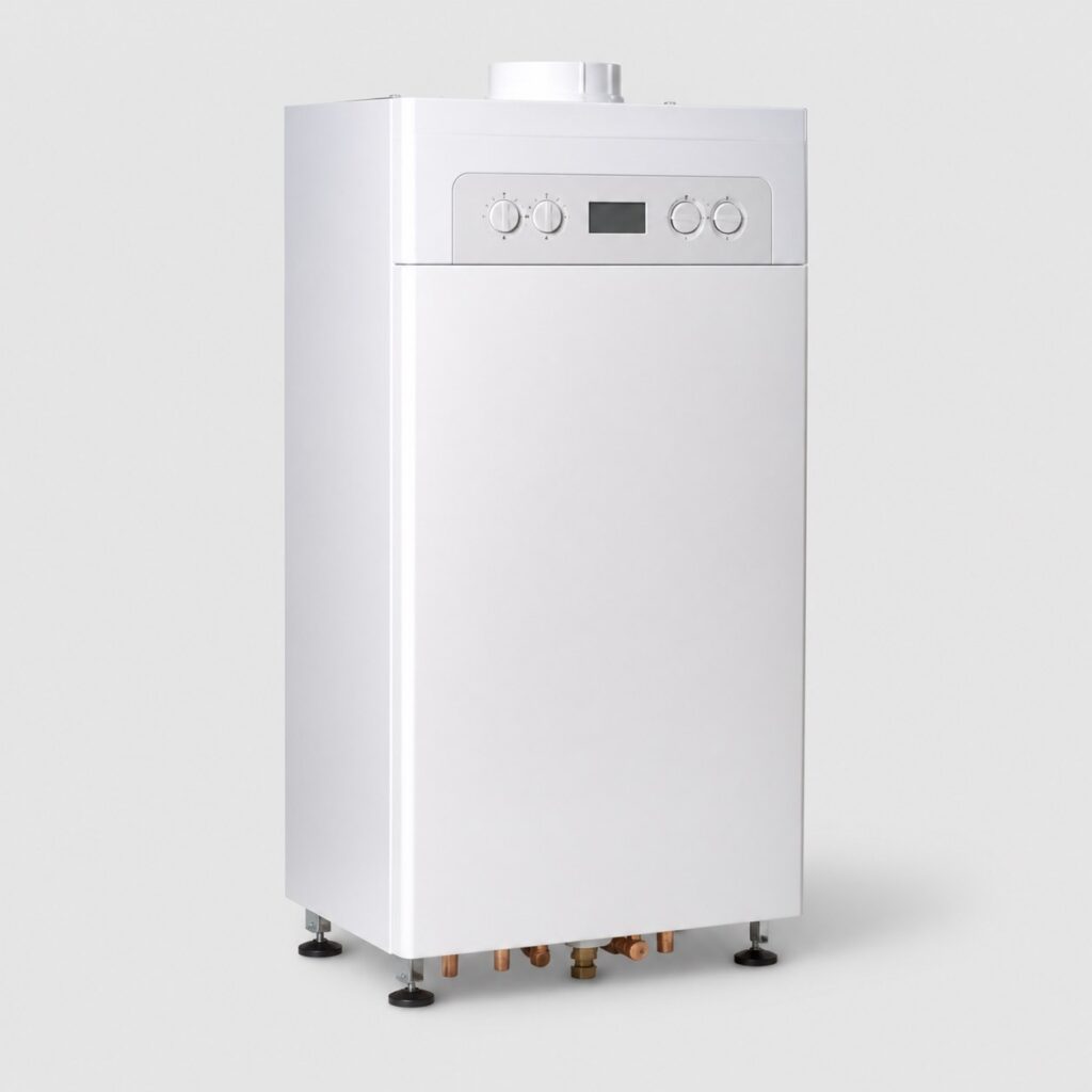 Chaudiere gaz a condensation au sol, caisson blanc sur fond clair