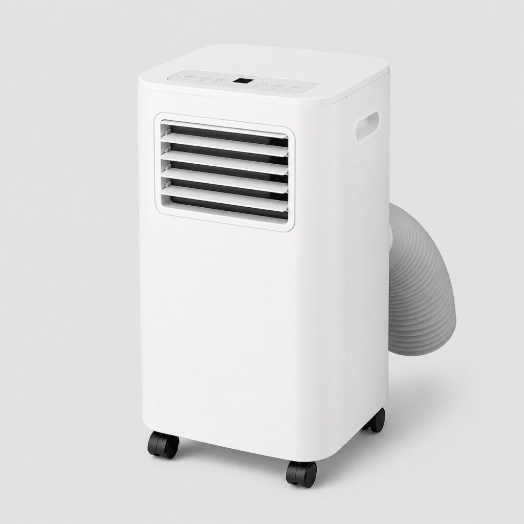 Climatiseur mobile monobloc compact blanc avec sa gaine sur fond clair
