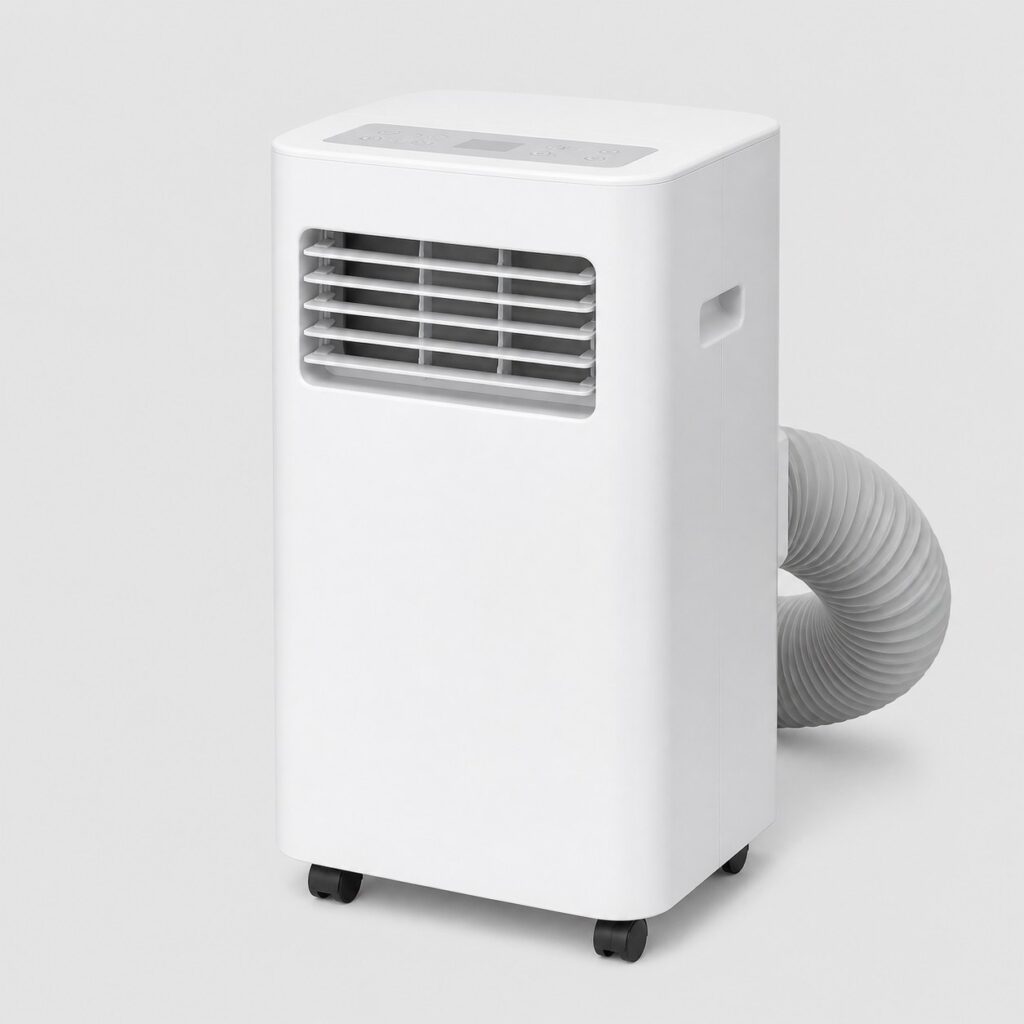 Climatiseur mobile monobloc blanc avec sa gaine sur fond clair