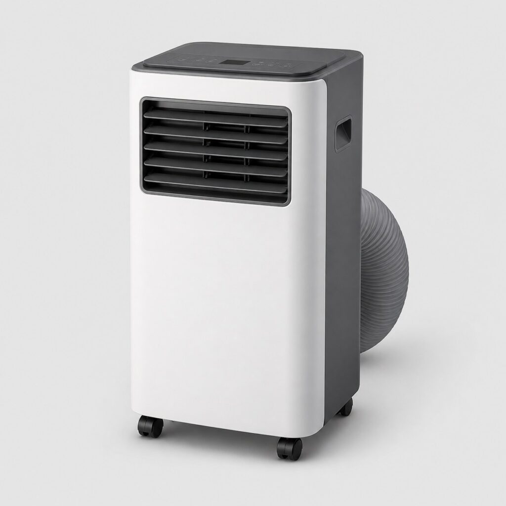 Climatiseur mobile monobloc blanc et gris fonce avec sa gaine sur fond clair