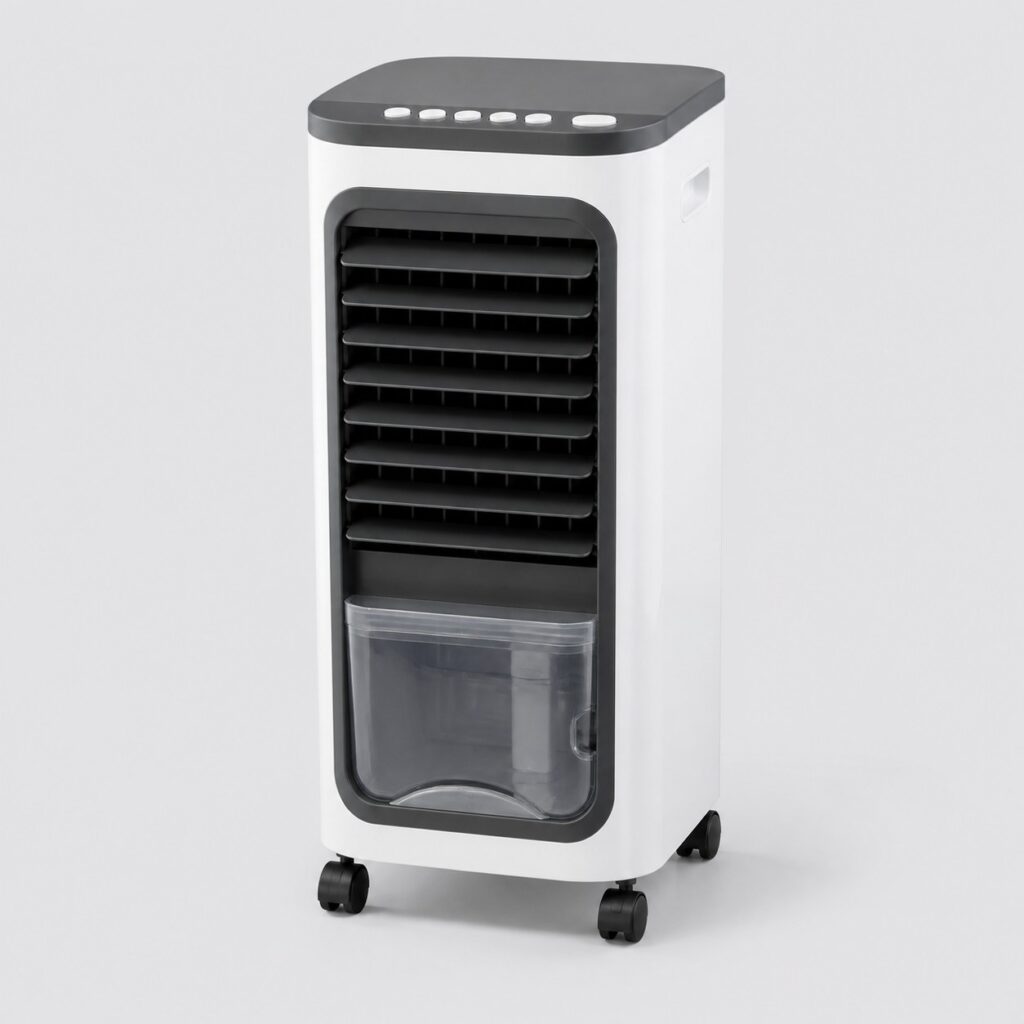 Rafraichisseur d'air evaporatif mobile blanc et anthracite sur fond clair