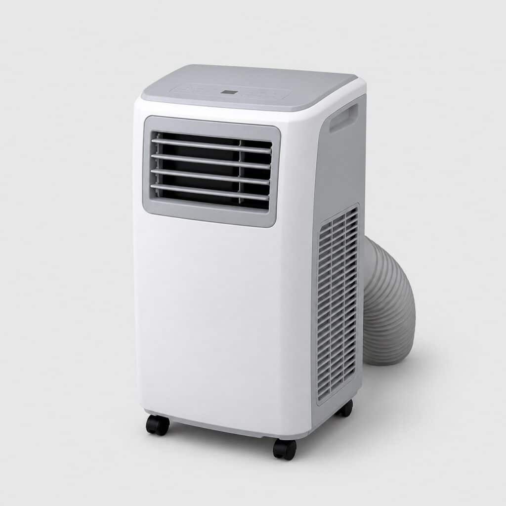 Climatiseur mobile monobloc blanc et gris avec sa gaine sur fond clair