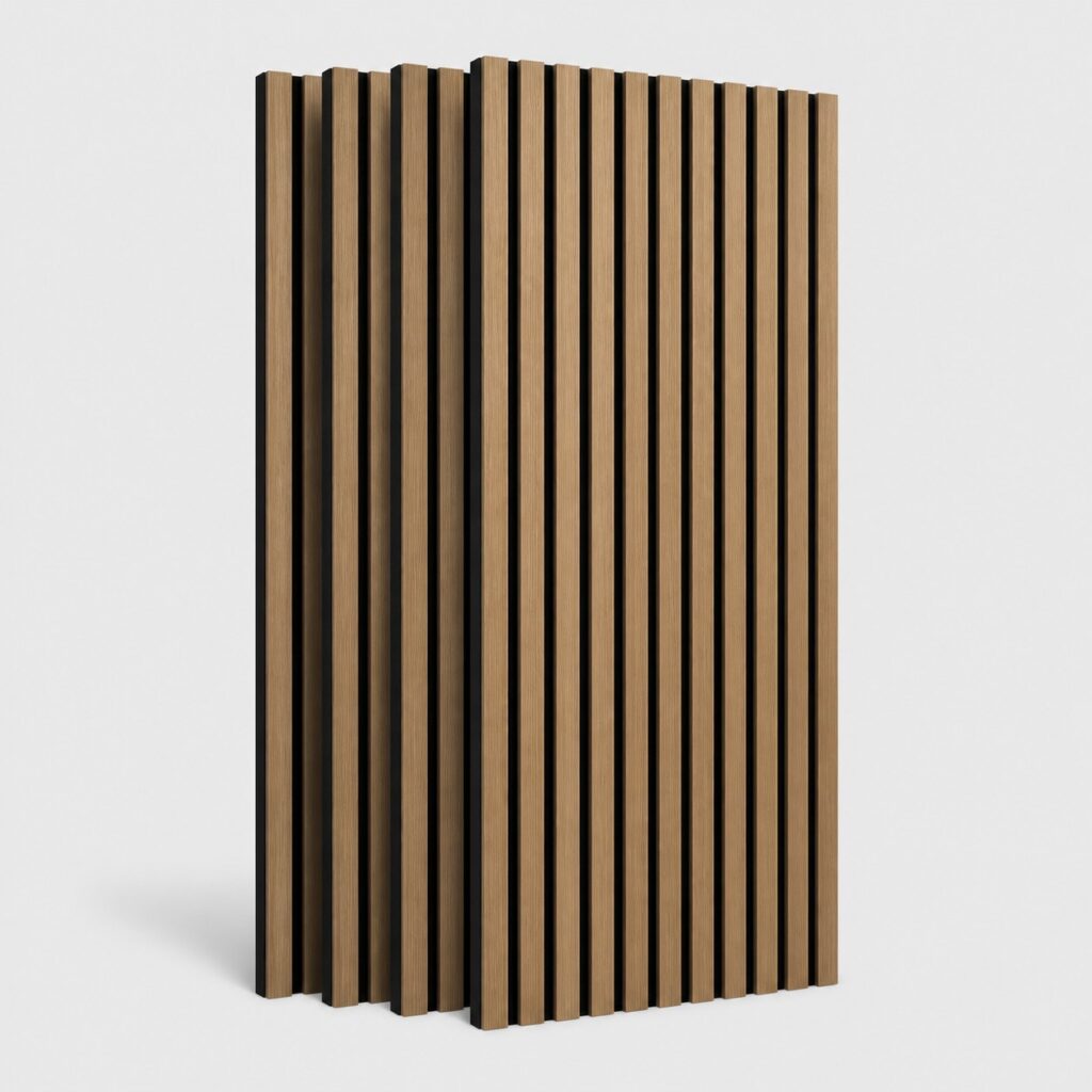 Lot de quatre panneaux acoustiques a lames de bois marron chene, sur fond clair