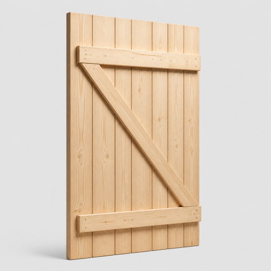 Lames de bois de volet battant assemblees avec barres et echarpe, sur fond clair