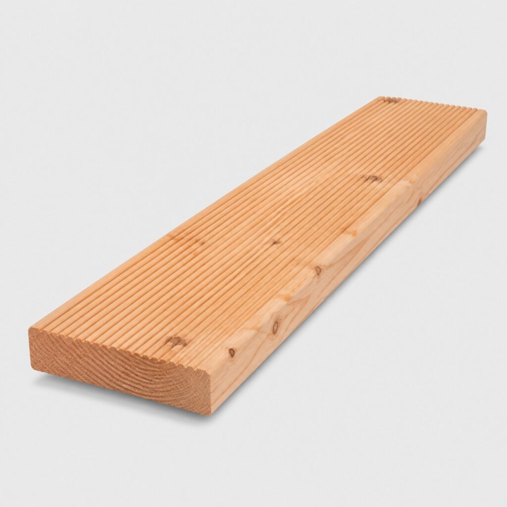 Lames de terrasse en douglas striee 27 x 145 mm de 4 m, sur fond clair