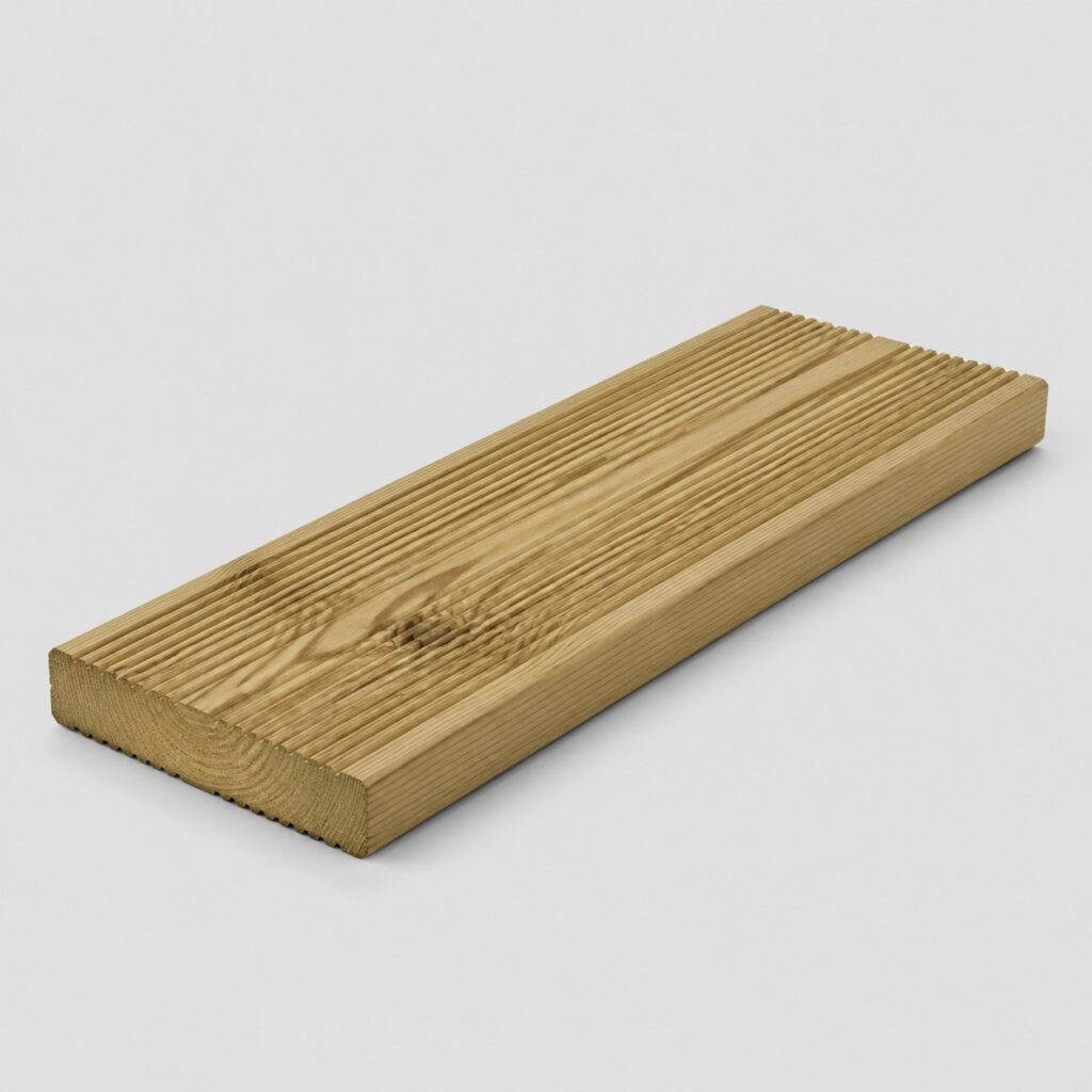 Lames de terrasse en pin traite classe 4, teinte beige clair, sur fond clair