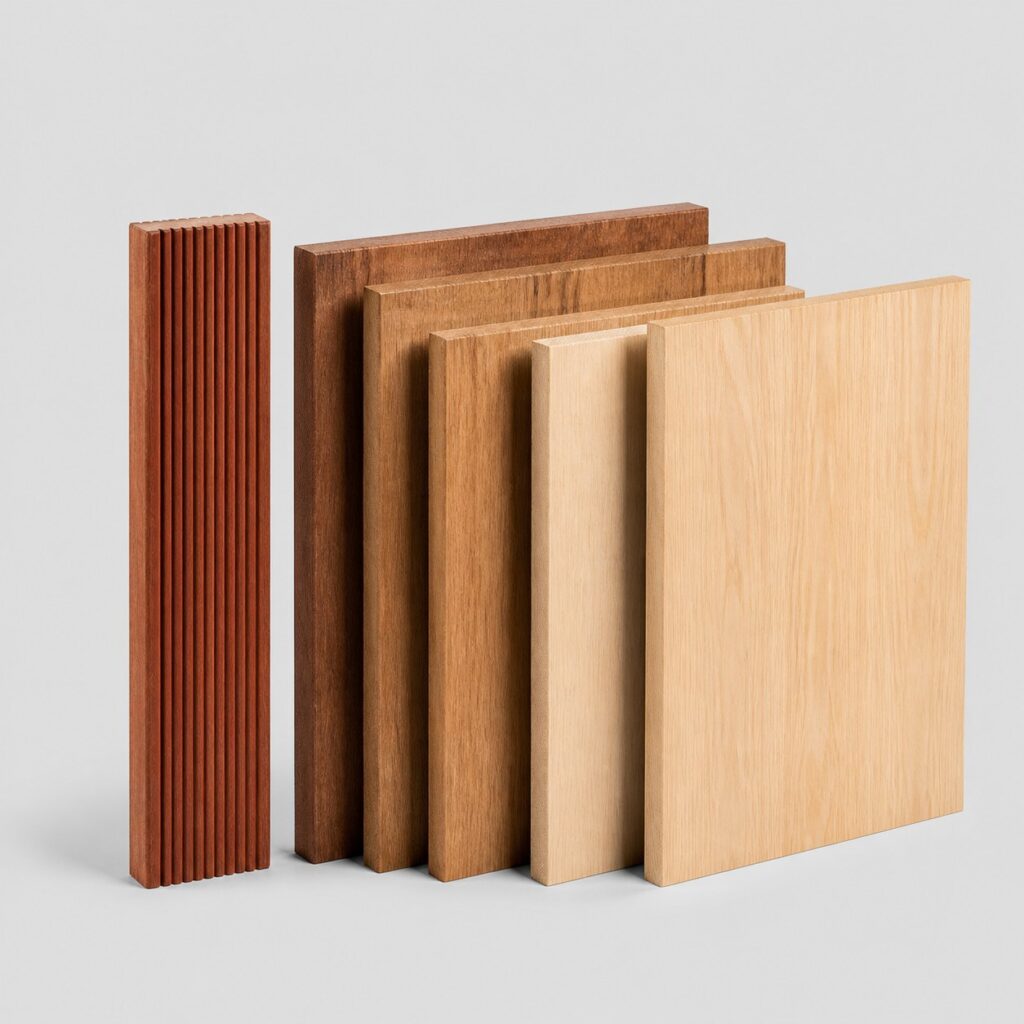 Lames en bois massif de formats interieur et exterieur, sur fond clair