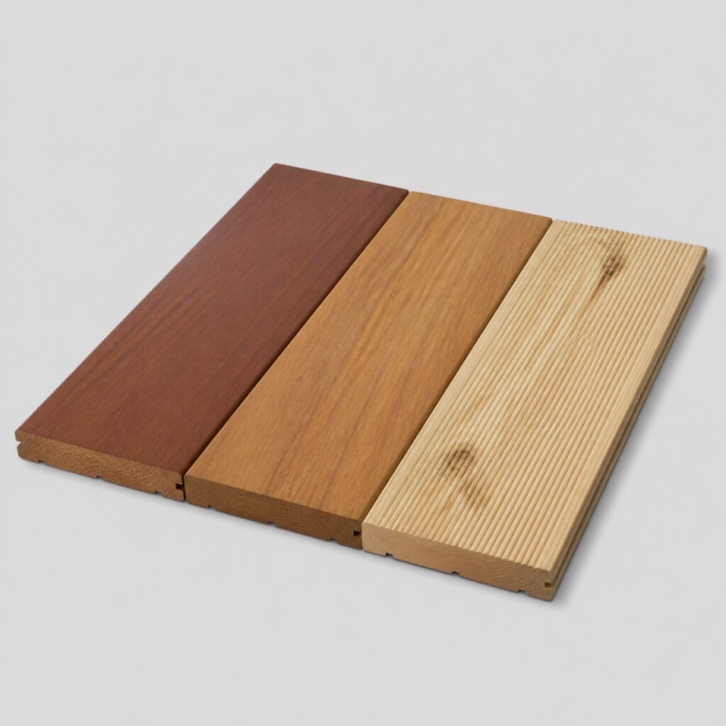 Lames de terrasse en bois de trois essences en 21 x 145 mm, sur fond clair