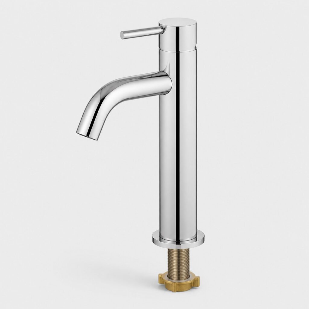 Mitigeur de baignoire monotrou chrome a corps vertical sur fond clair