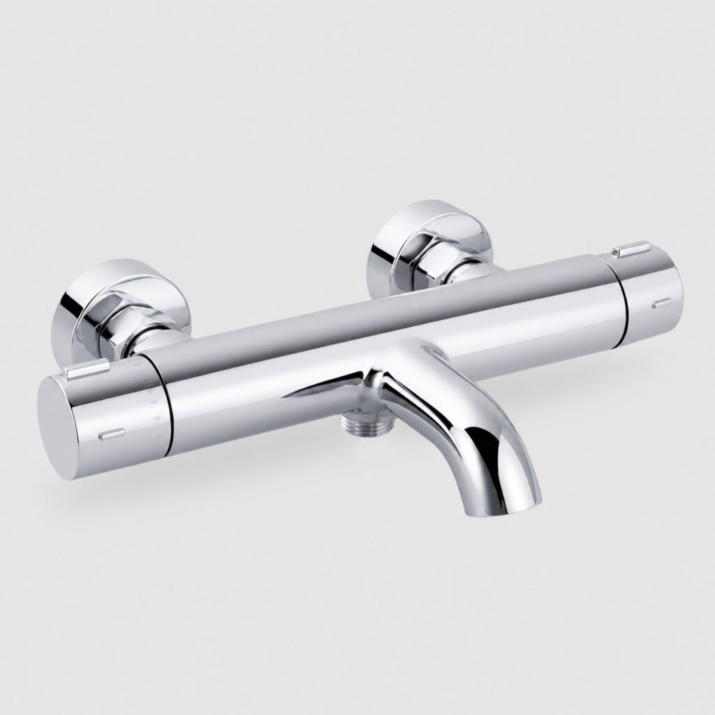 Mitigeur thermostatique de baignoire chrome a deux manettes sur fond clair