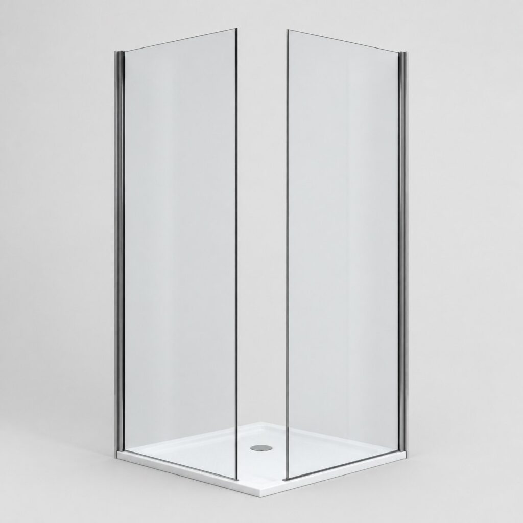 Paroi de douche d'angle carree 80 x 80 cm en verre sur fond clair