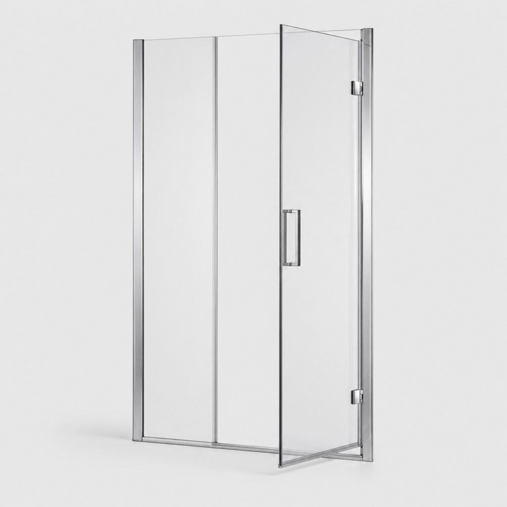 Paroi de douche avec porte en verre 8 mm et profiles chromes sur fond clair