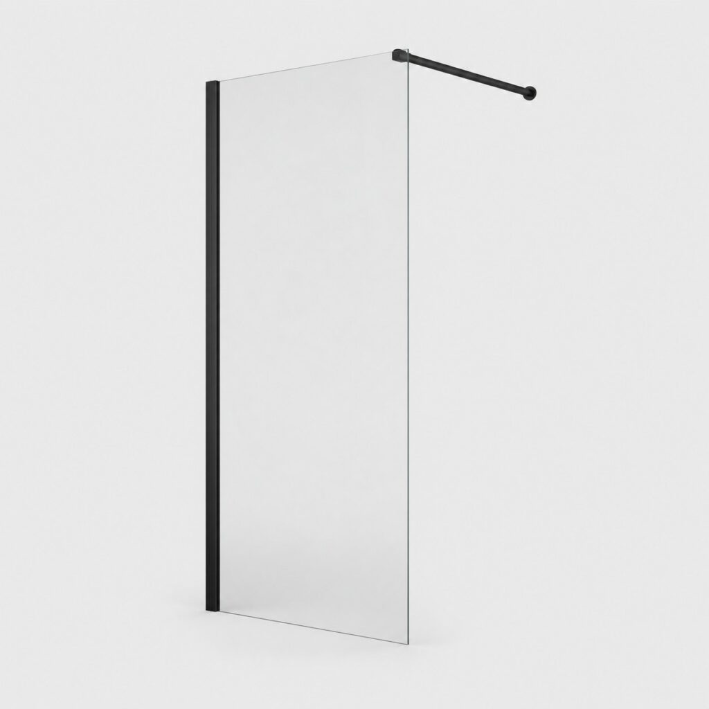 Paroi de douche fixe en verre 8 mm 70 x 200 cm a profile noir mat sur fond clair