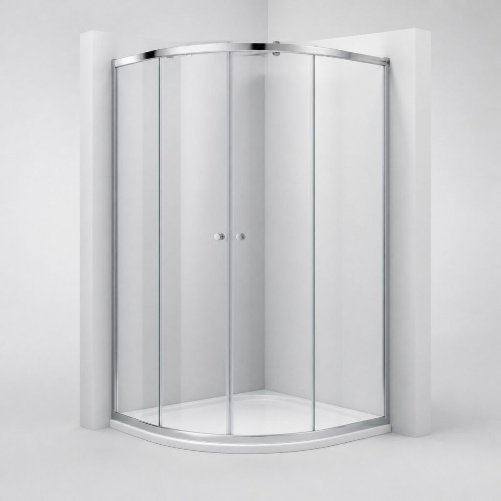 Paroi de douche quart de cercle en verre courbe a porte coulissante sur fond clair