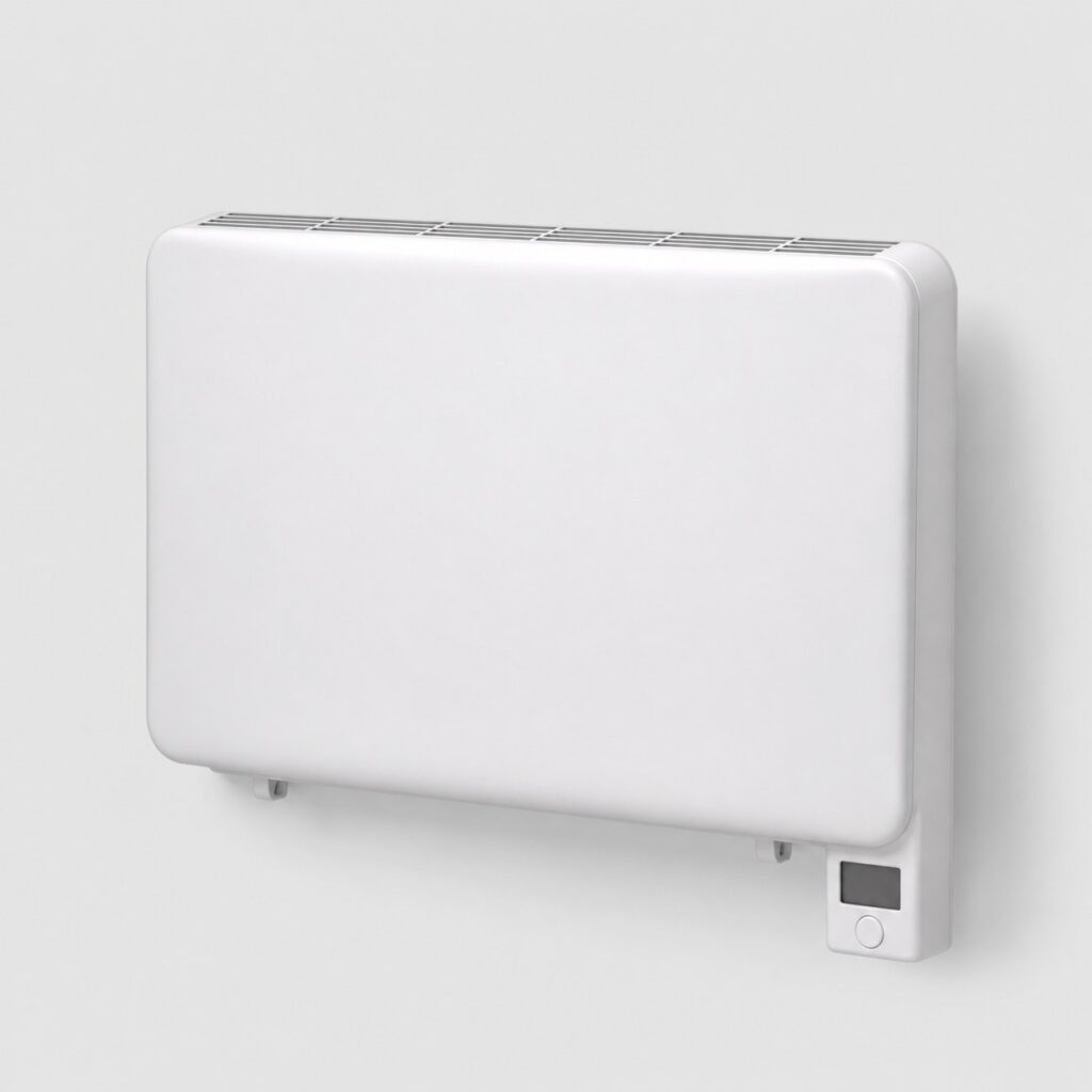 Petit radiateur electrique a inertie blanc et court sur fond clair