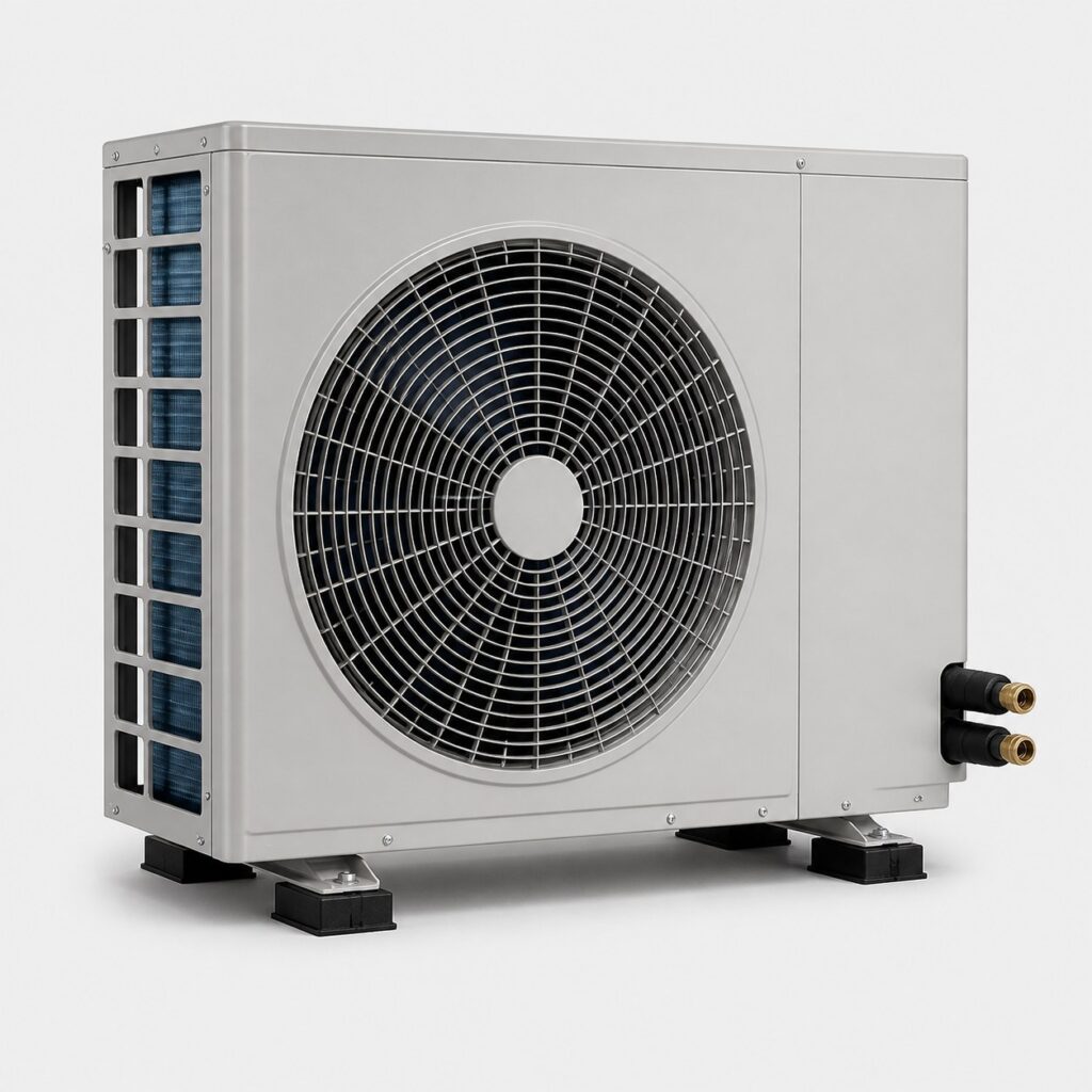 Pompe a chaleur air eau, unite exterieure grise sur fond clair
