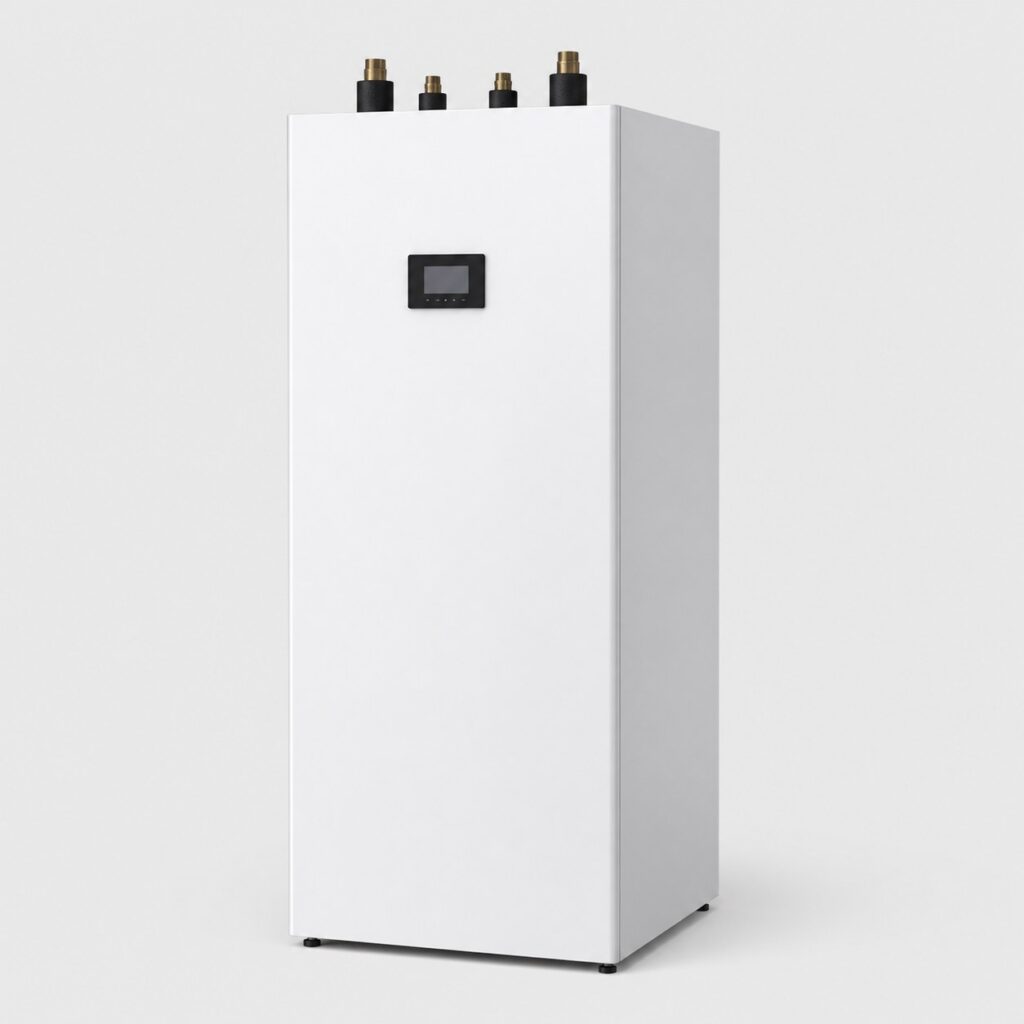 Pompe a chaleur eau eau, module interieur blanc sur fond clair