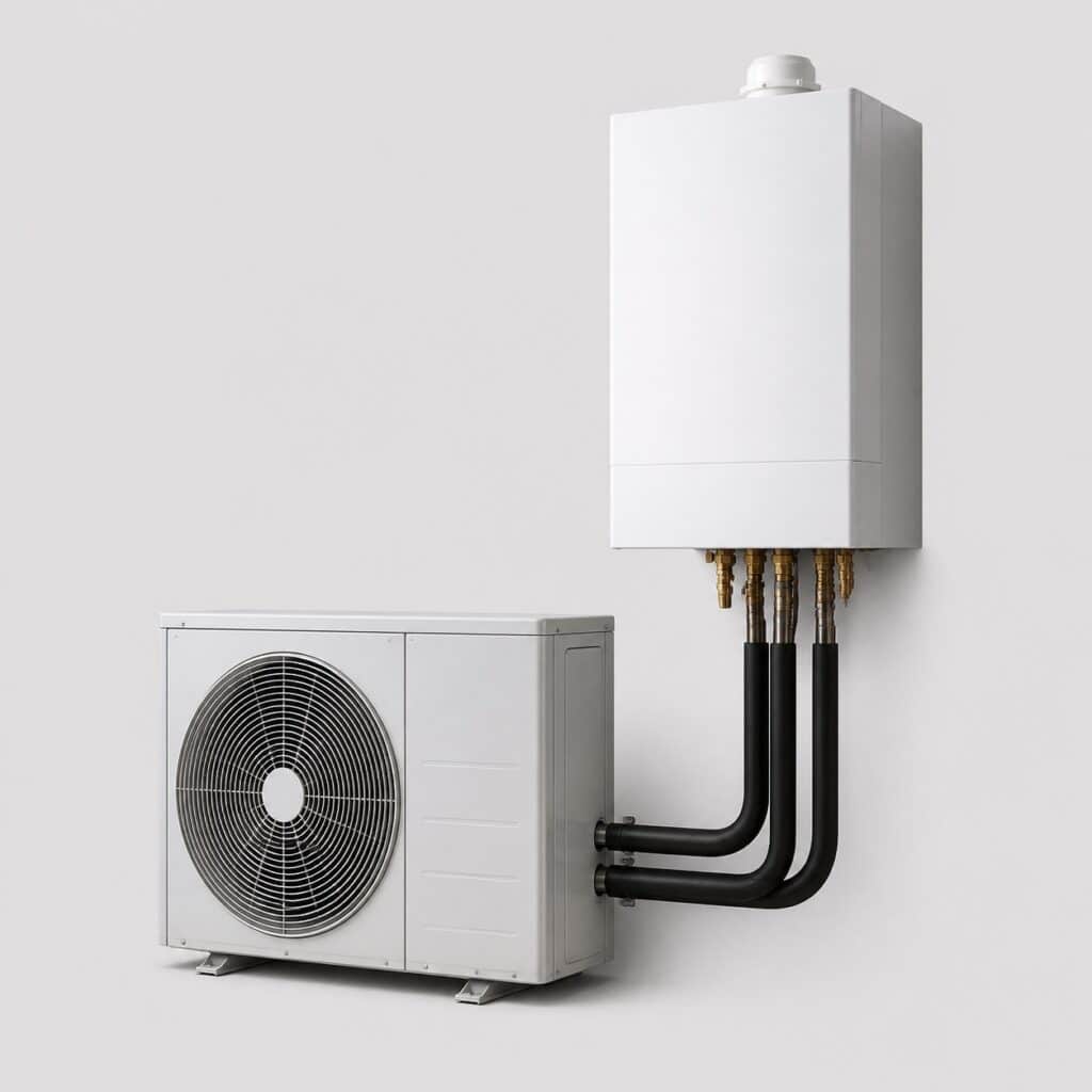 Systeme hybride pompe a chaleur et chaudiere gaz sur fond clair