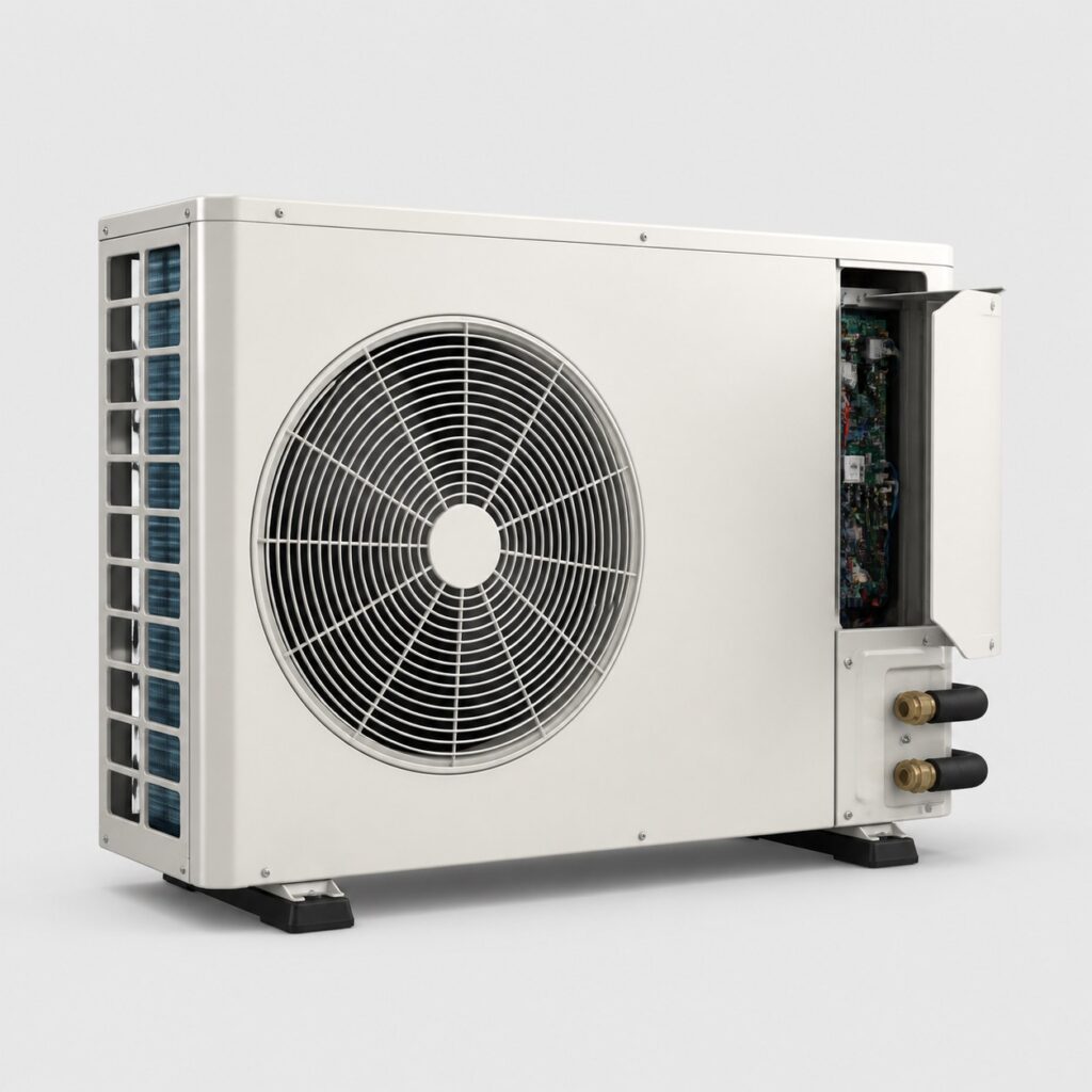 Pompe a chaleur air eau inverter blanc casse sur fond clair