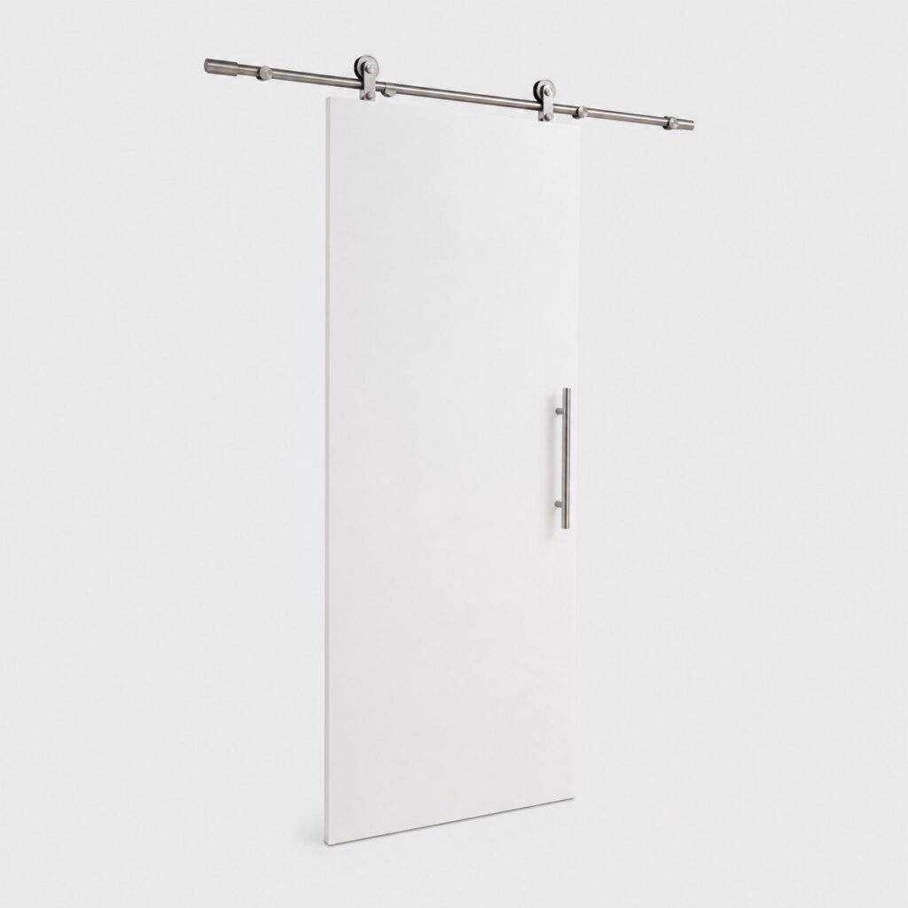 Porte coulissante interieure en bois blanc 90 x 206 cm avec rail apparent, vue de face