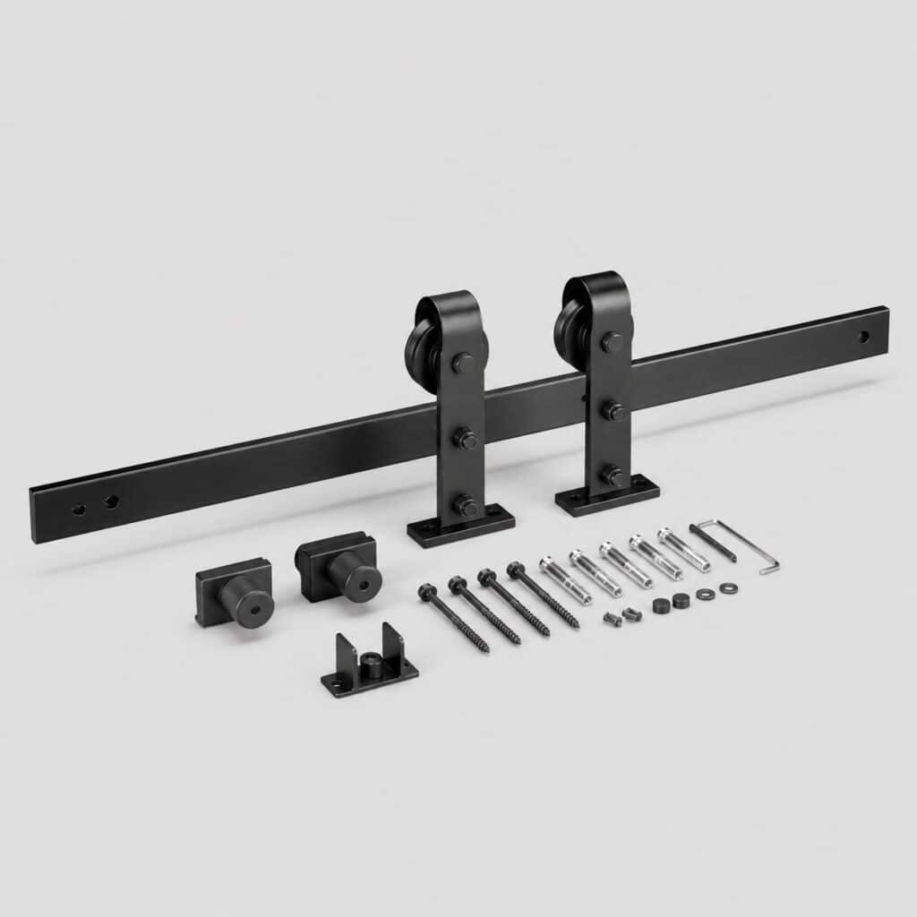 Kit porte coulissante avec rail acier 244 cm, chariots et fixations, vue de trois quarts