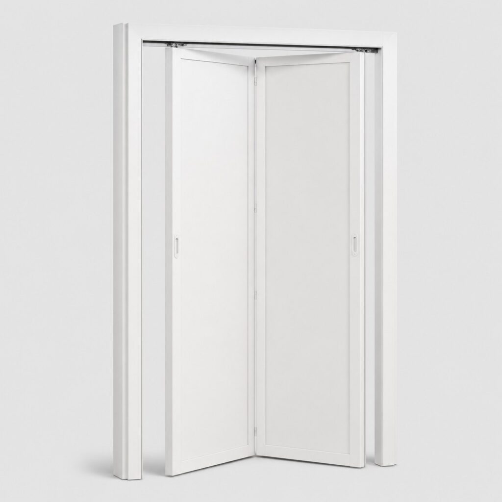 Porte pliante PVC blanc a deux vantaux avec rail acier 122 cm, vue de face sur fond clair