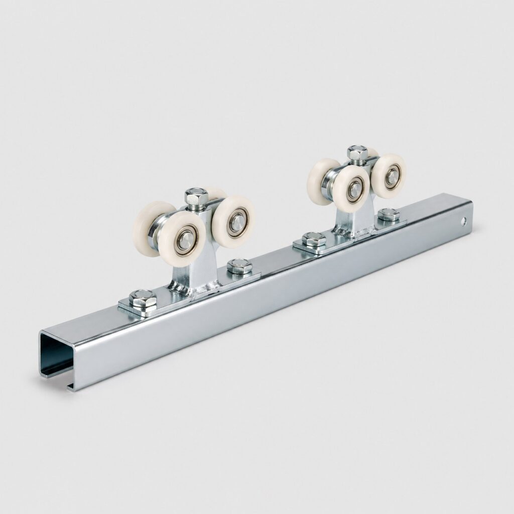 Jeu de roulettes nylon et rail acier au carbone de 76 cm, vue de trois quarts sur fond clair