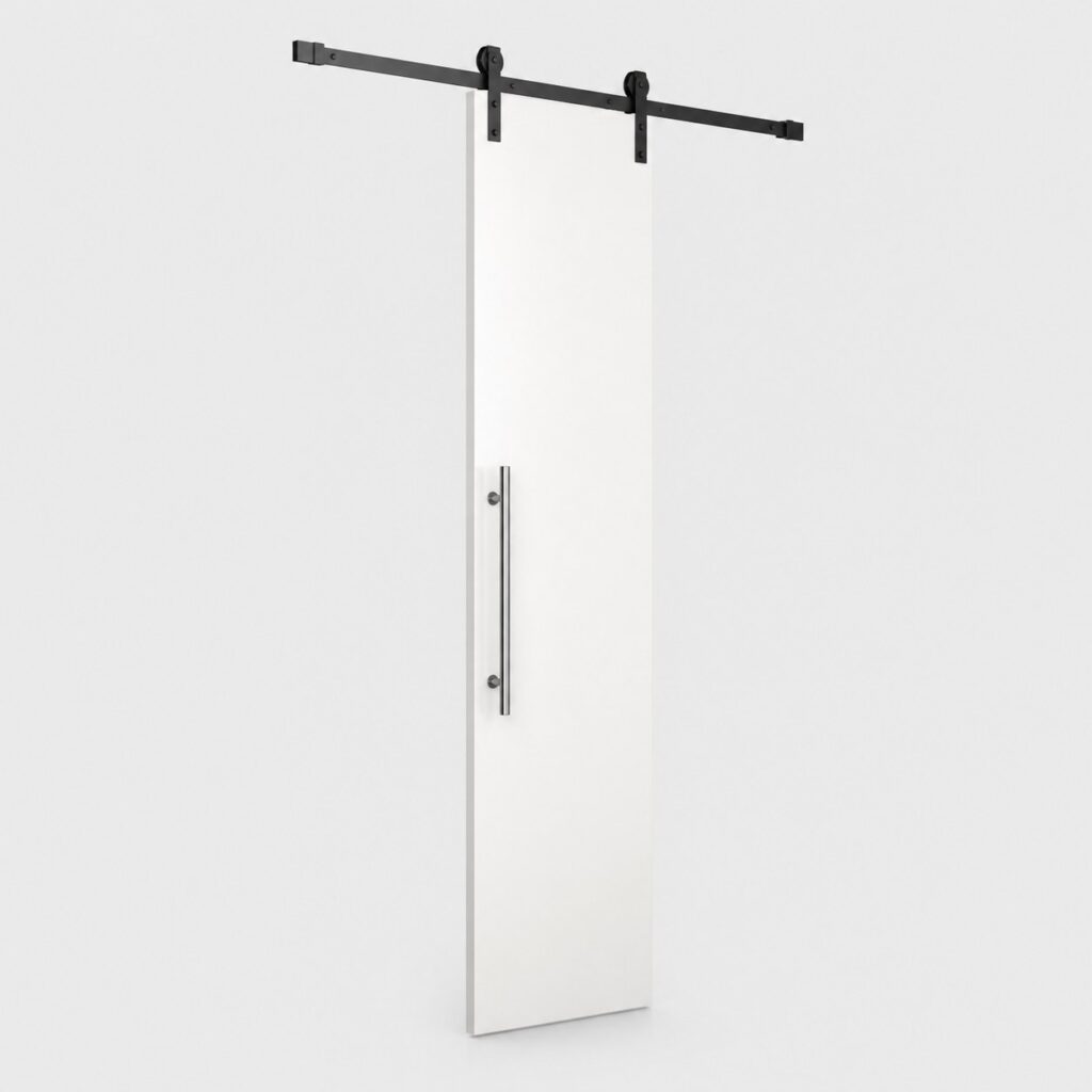 Porte coulissante sur mesure prepeinte blanche avec rail apparent, vue de face sur fond clair
