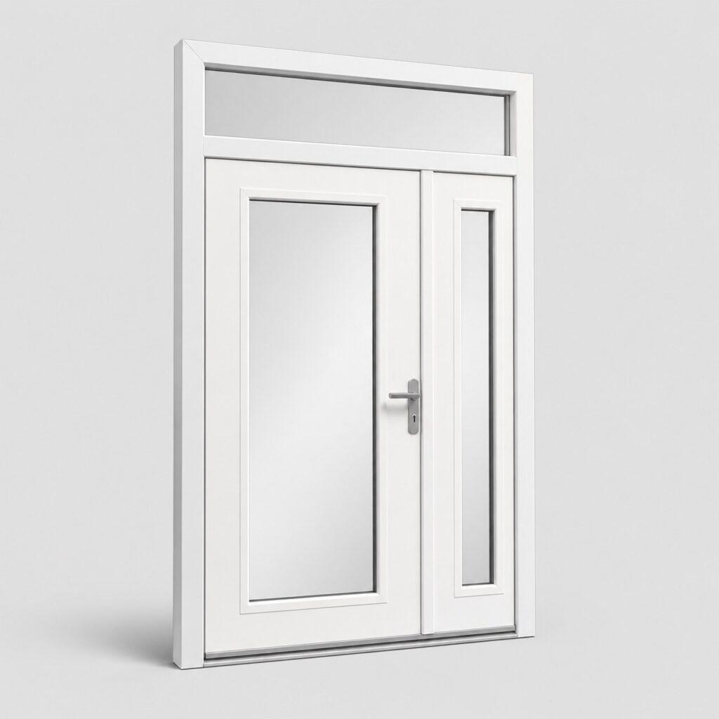 Porte d'entree PVC blanche avec tierce et imposte vitree, vue de face sur fond clair