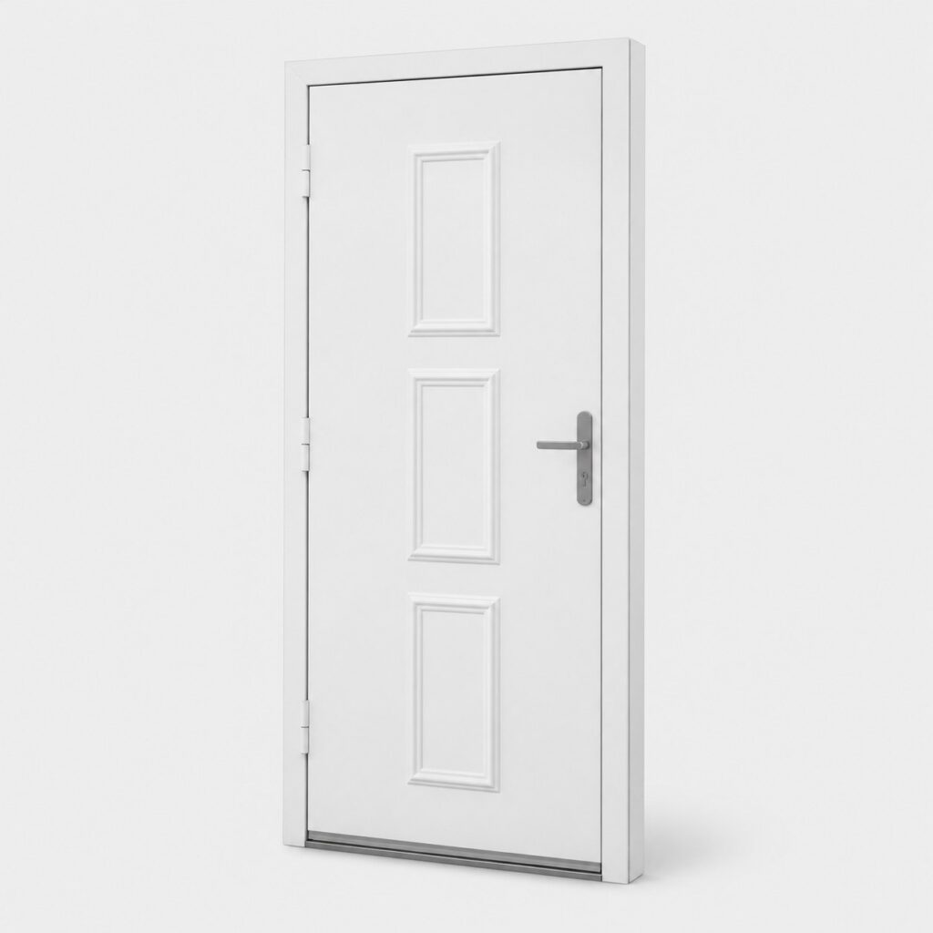 Porte d'entree PVC blanche 88 x 208 cm, panneau plein, vue de face sur fond clair