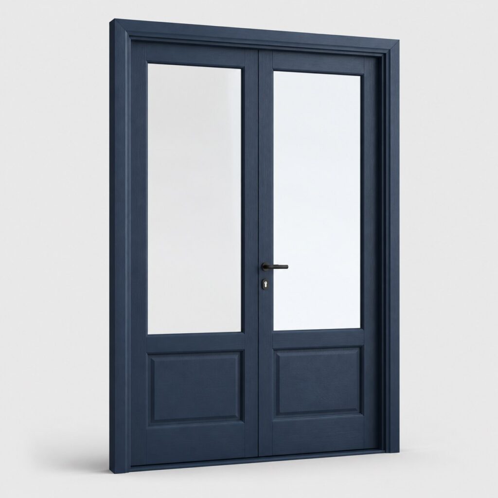 Porte d'entree en bois vitree bleu marine 215 x 140 cm, vue de face sur fond clair