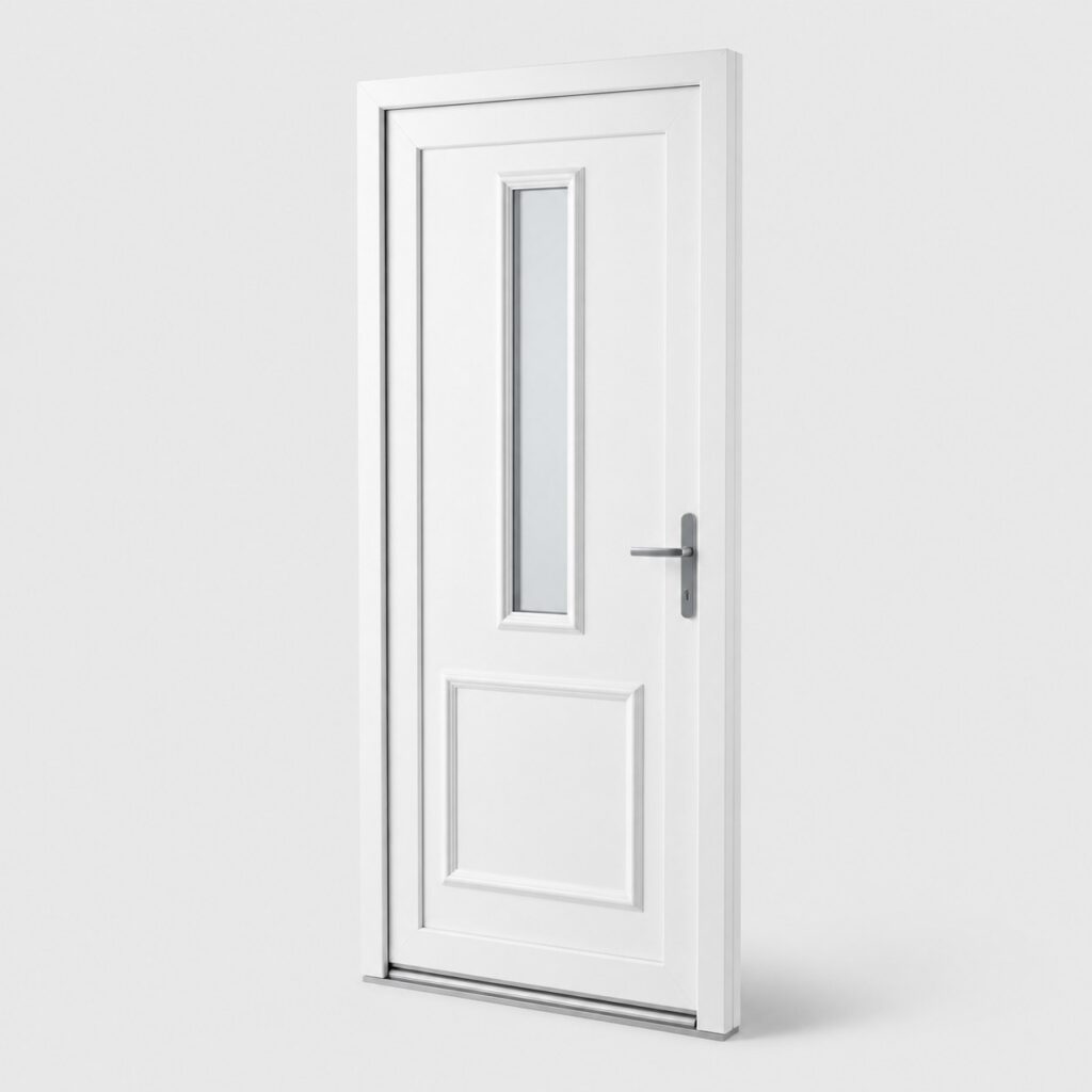 Porte d'entree PVC blanc 83 cm avec vitrage vertical, vue de face sur fond clair