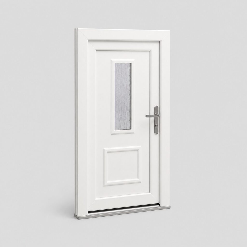 Porte d'entree PVC blanche sur mesure, vue de face sur fond clair