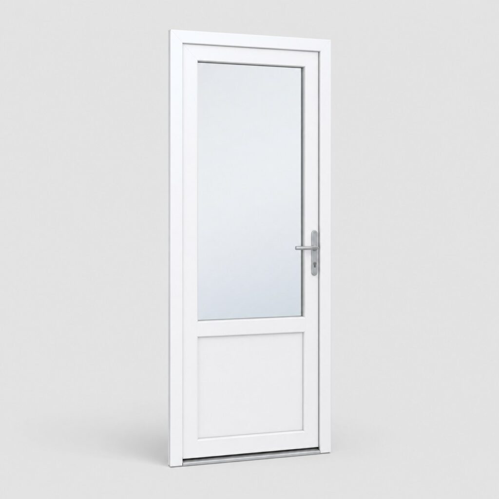 Porte d'entree PVC blanc a grand vitrage clair, vue de face sur fond clair