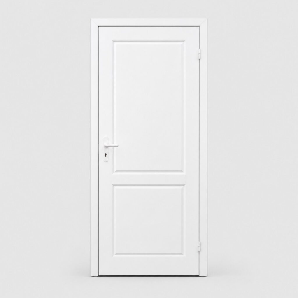 Porte de service PVC blanc panneau plein 205 x 90 cm, vue de face sur fond clair