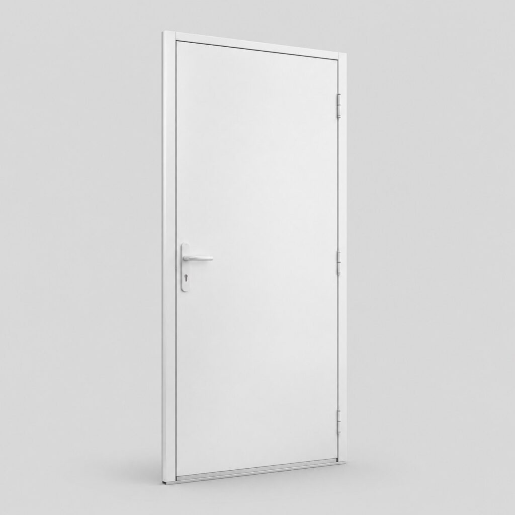 Porte de service en aluminium blanc 205 x 90 cm, panneau plein, vue de face sur fond clair