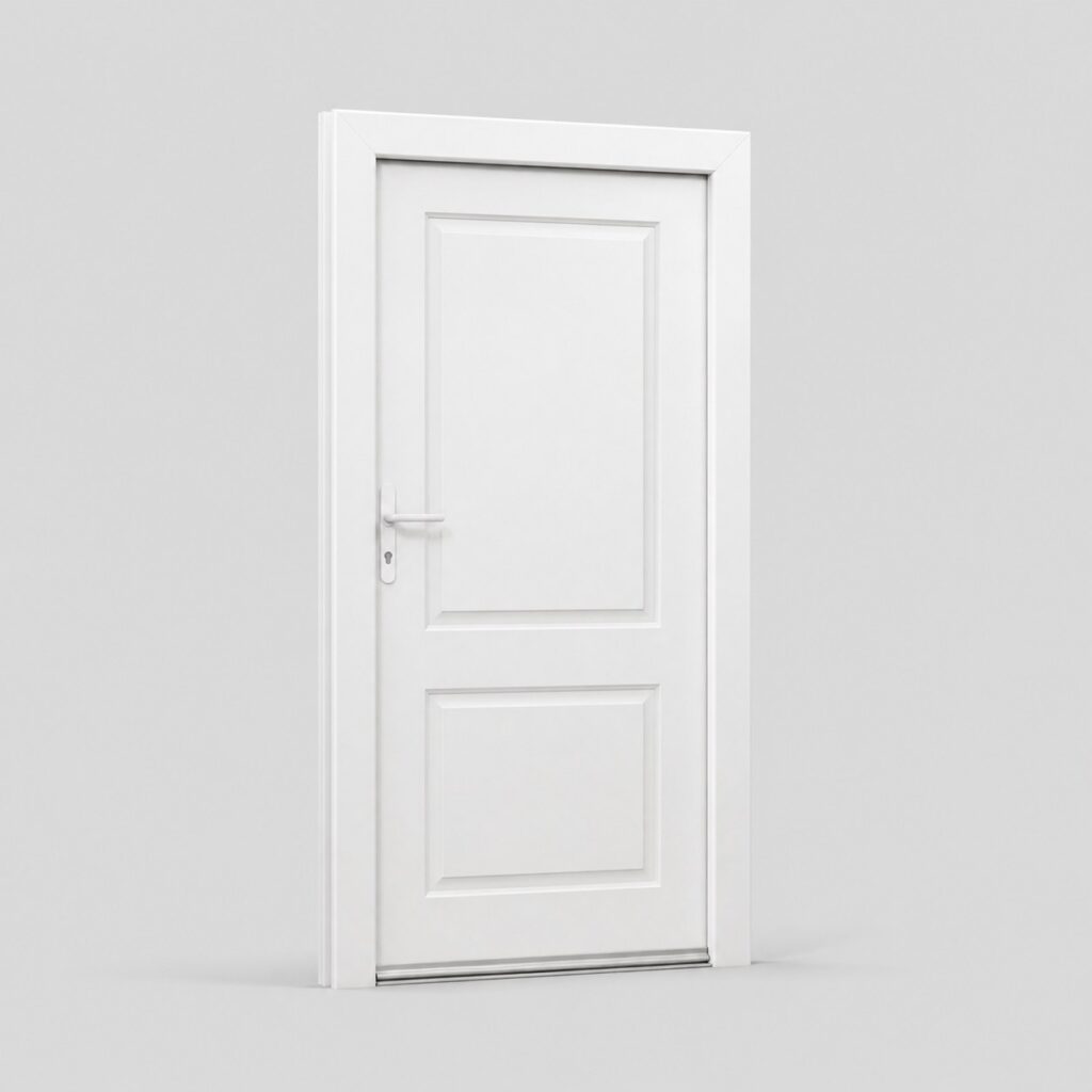 Porte de service PVC blanc sur mesure, panneau plein, vue de face sur fond clair