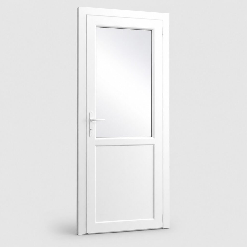 Porte de service PVC blanc demi-vitree 205 x 90 cm, vue de face sur fond clair