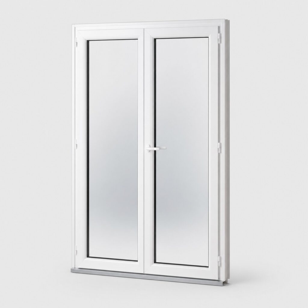 Porte-fenetre PVC blanche 2 vantaux 205 x 100 cm, vue de face sur fond clair