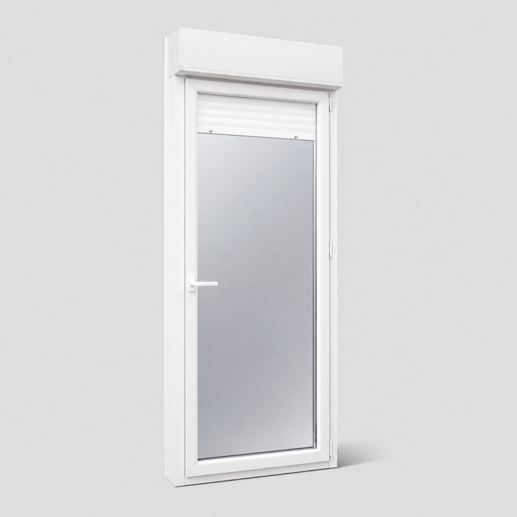 Porte-fenetre PVC blanche avec volet roulant integre, bloc de 239 x 86 cm, vue de face