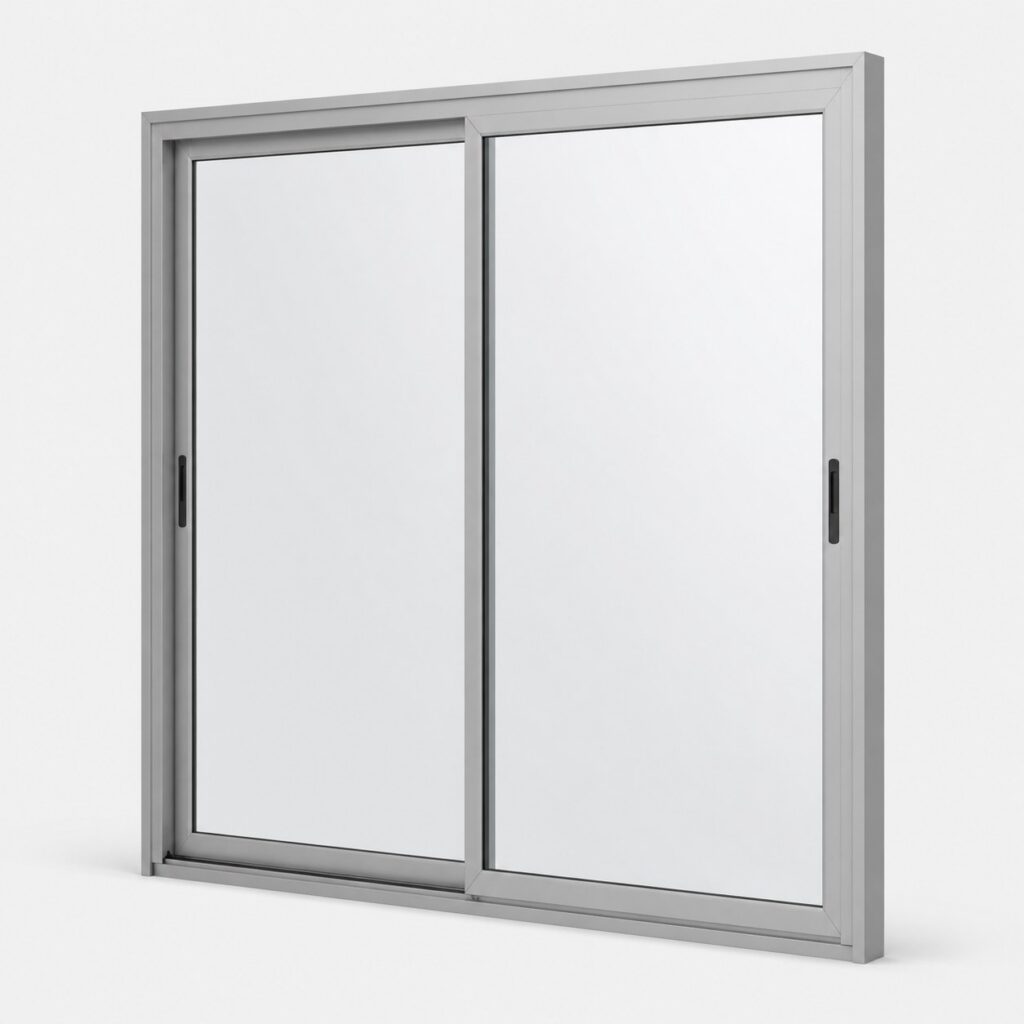 Porte-fenetre coulissante a deux vantaux vitres, vue de face sur fond clair