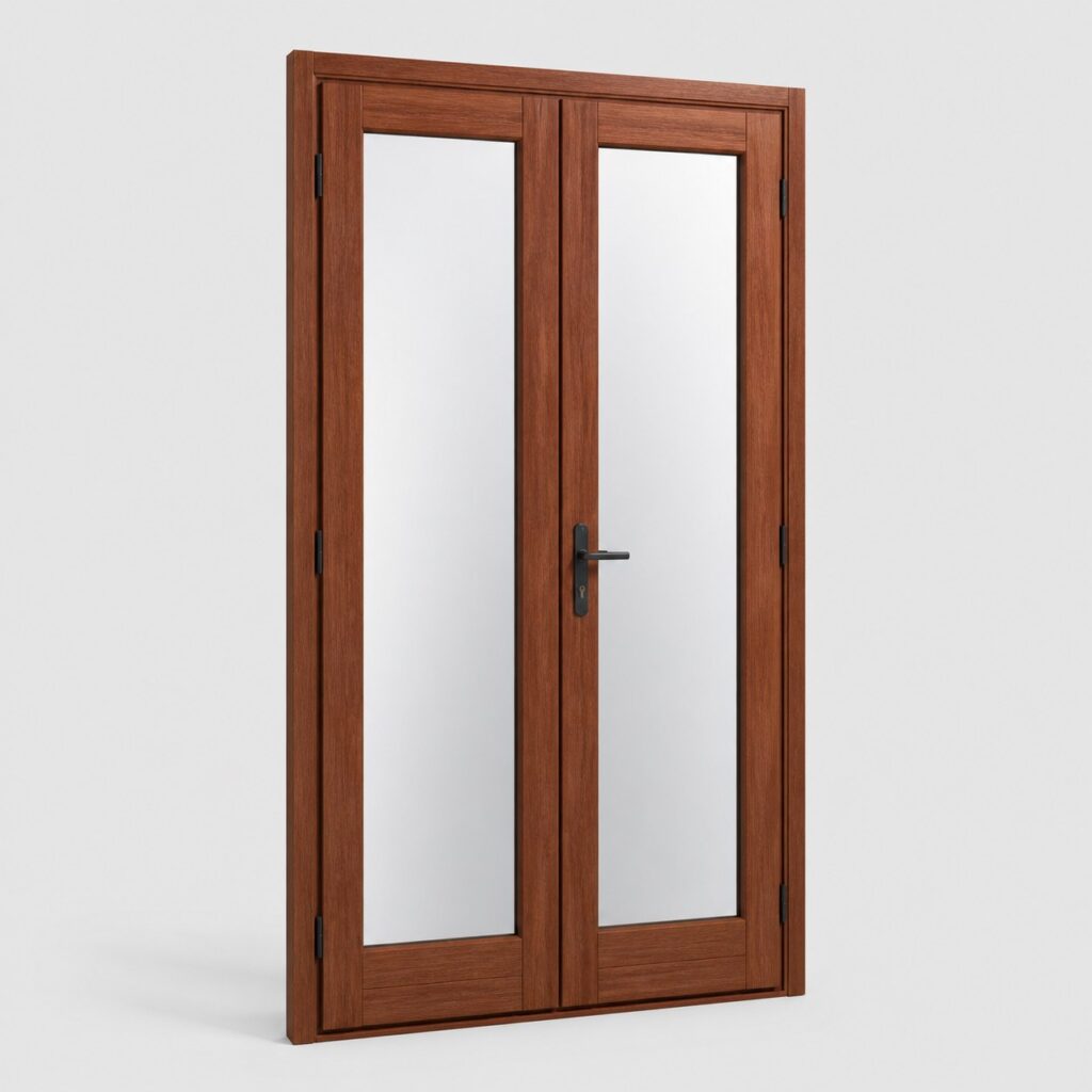 Porte-fenetre en meranti 2 vantaux 205 x 120 cm, vue de face sur fond clair