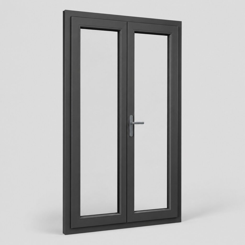 Porte-fenetre PVC gris anthracite 2150 x 800 mm, 2 vantaux, vue de face sur fond clair