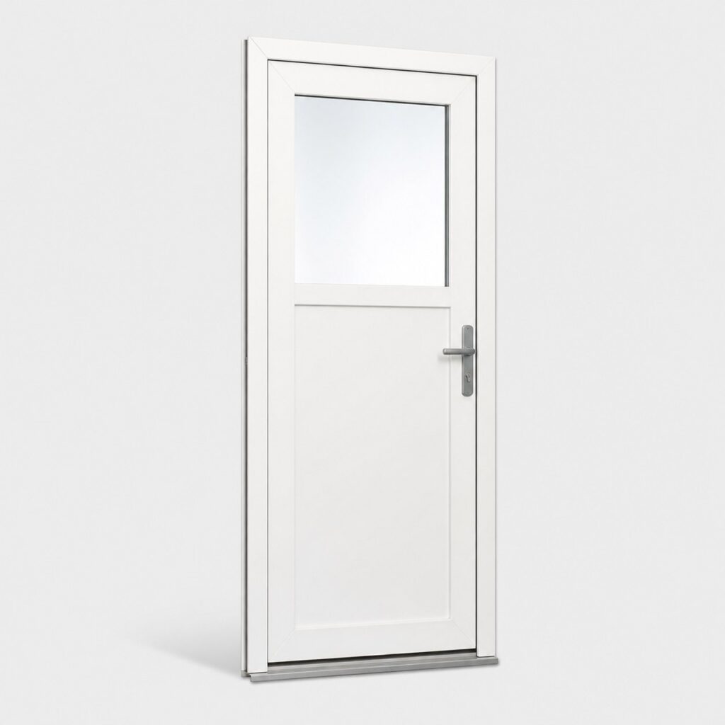 Porte d'entree PVC blanc d'entree de gamme 83 cm, vue de face sur fond clair