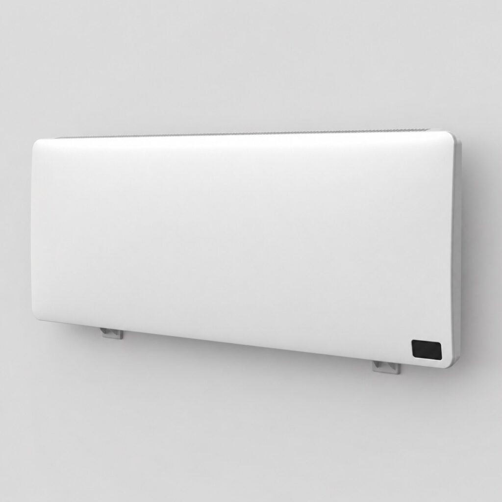 Radiateur electrique blanc large a inertie sur fond clair